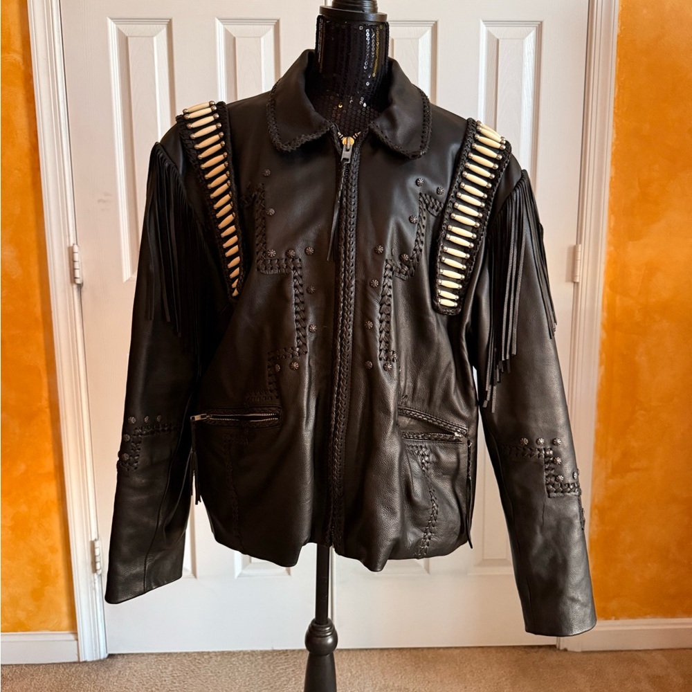 Wilsons Leather Black Studded Fringe Jacket